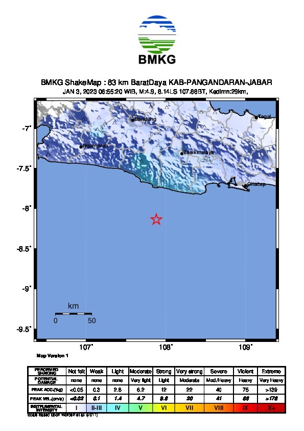 Gempa mengguncang Pangandaran dan Garut, 3 Januari 2023/BMKG