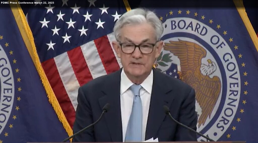 Chairperson The Fed Jerome H Powell menyampaikan hasil FOMC Meeting di Washington AS Rabu 22 Maret waktu setempat
